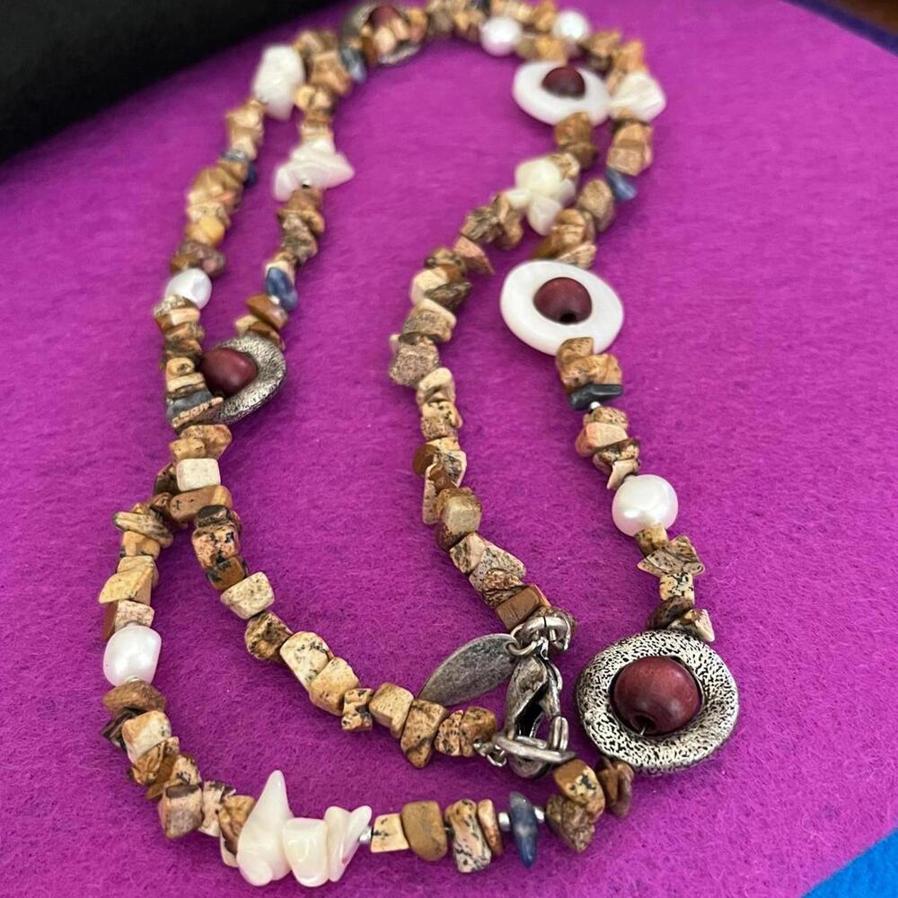 Coldwater Creek 36" Stone Necklace with Faux Pearls and Tiger Eye Chips